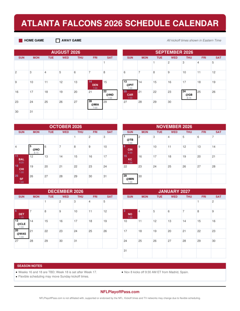 Six monthly grids of Falcons game days, red squares for Mercedes-Benz Stadium dates and outlined road trips, Aug to Jan