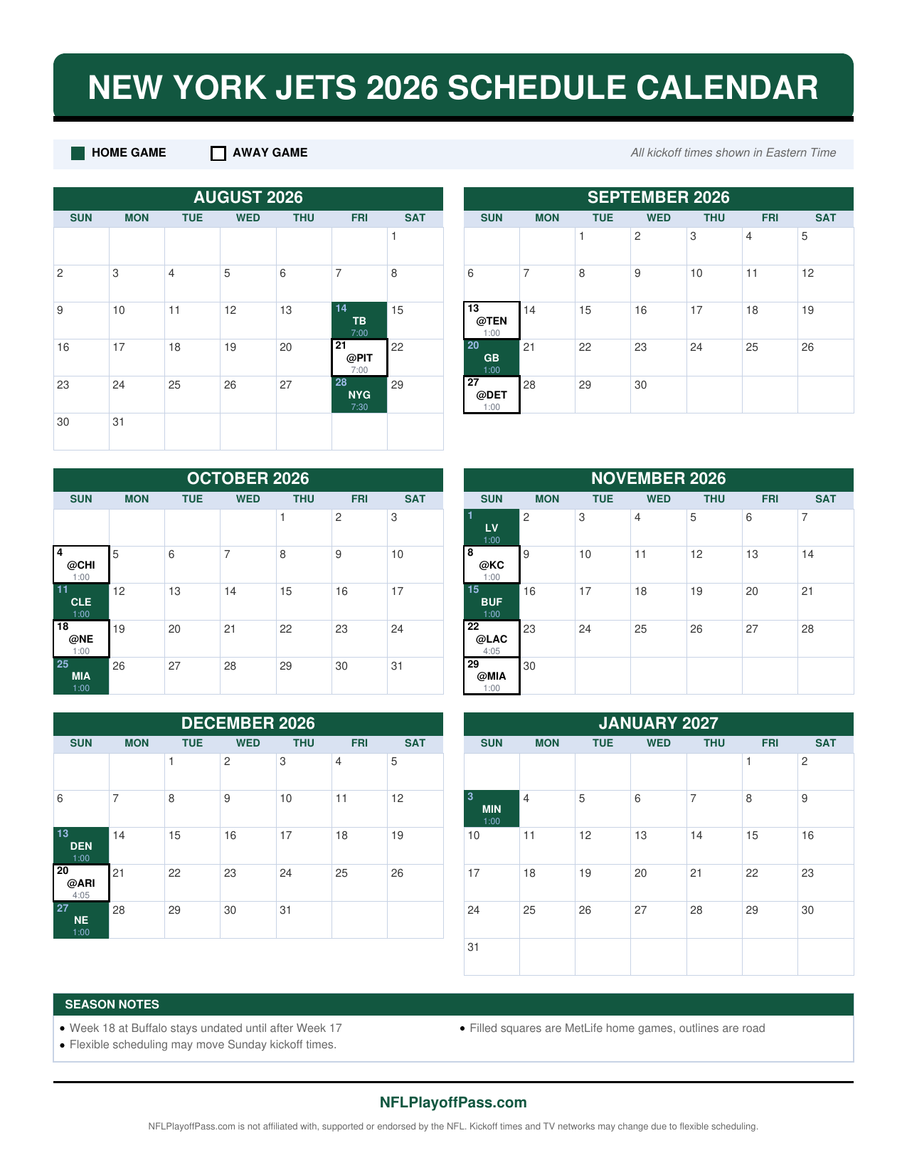 New York Jets 2026 schedule calendar printable with home and away games marked