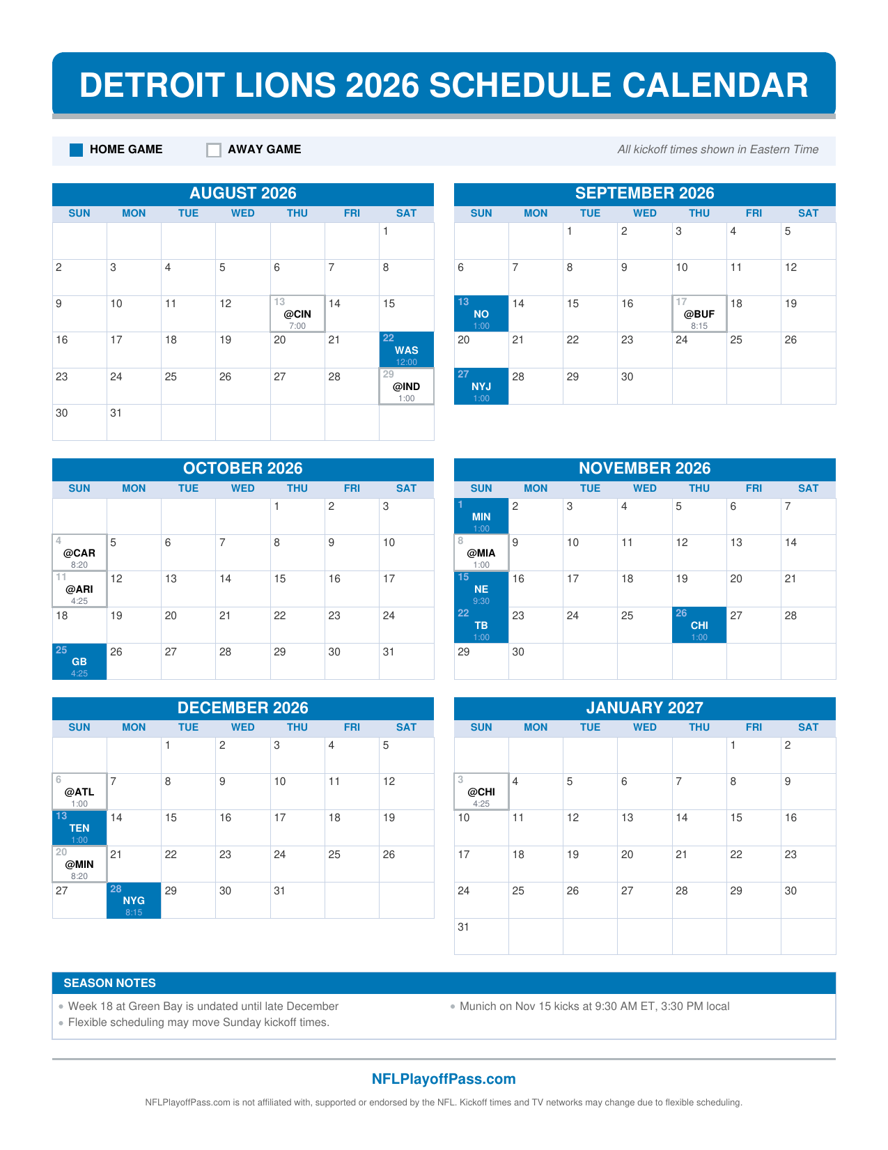 Six monthly grids of Lions game days, blue squares for Ford Field dates and outlined road trips, Aug to Jan