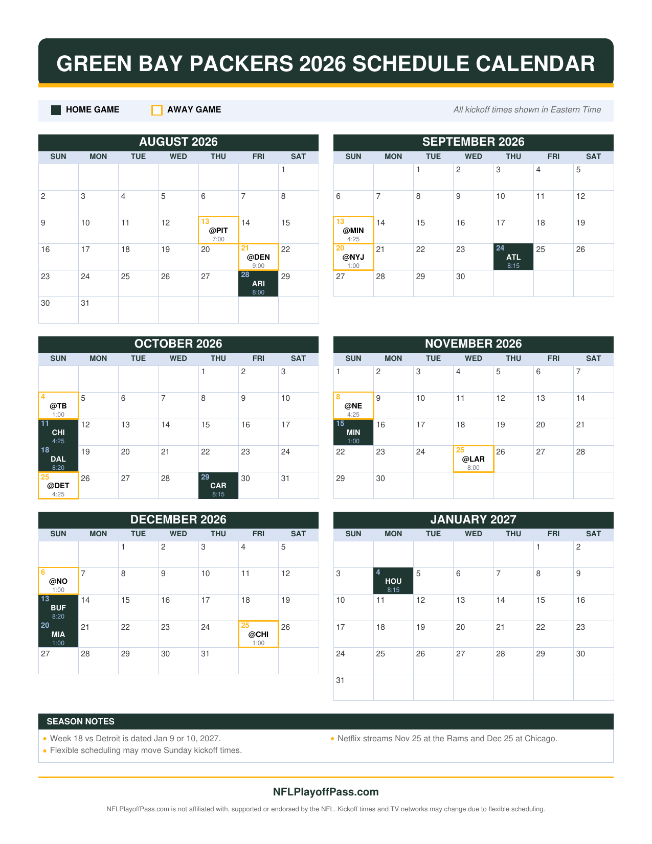 Six monthly grids of Packers game days, green squares for Lambeau Field dates and gold outlined road trips, Aug to Jan
