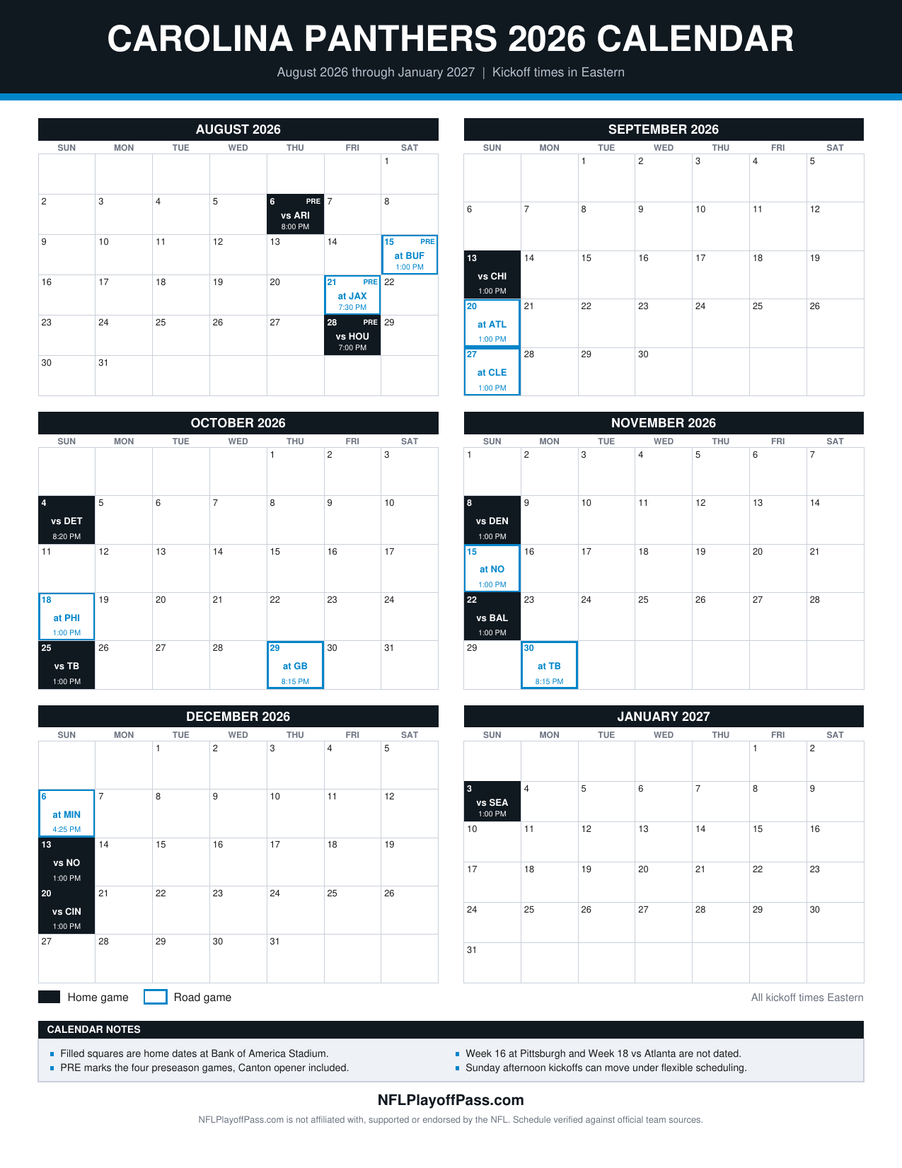 Six monthly grids of Panthers game days, black squares for Bank of America Stadium dates and blue outlines for road trips