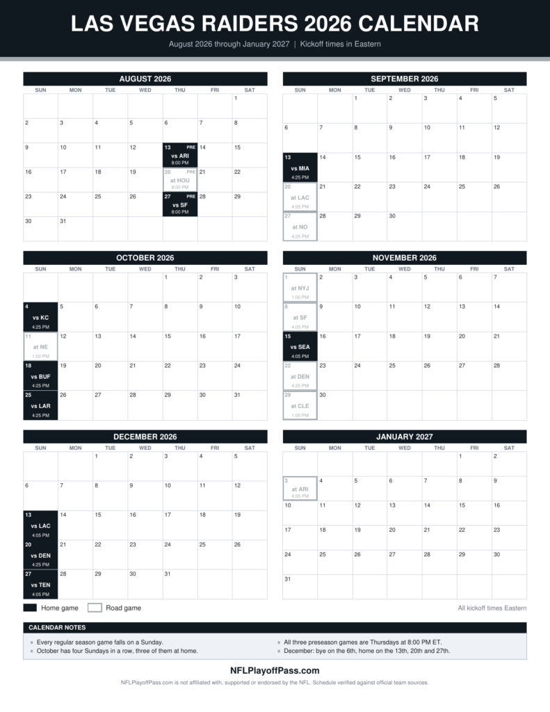 Six monthly grids of Raiders game days, black squares for Allegiant Stadium dates and silver outlines for road games