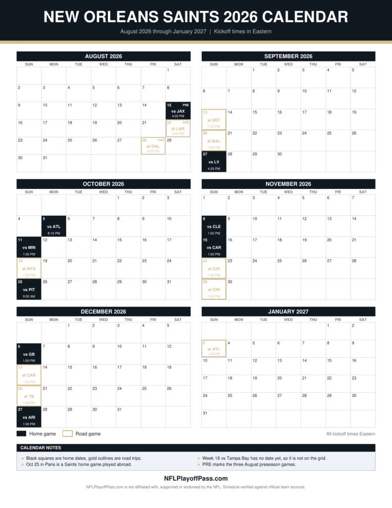 Six monthly grids of Saints game days, black squares for Superdome dates and gold outlines for road trips, Aug to Jan