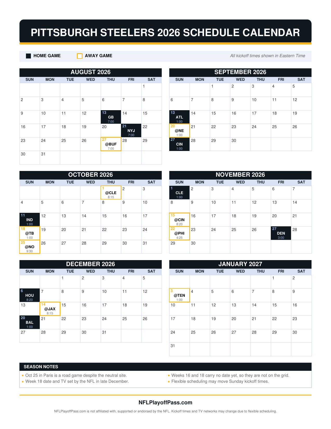Six monthly grids of Steelers game days, black squares for Acrisure Stadium dates and gold outlines for road trips, PRE on preseason days