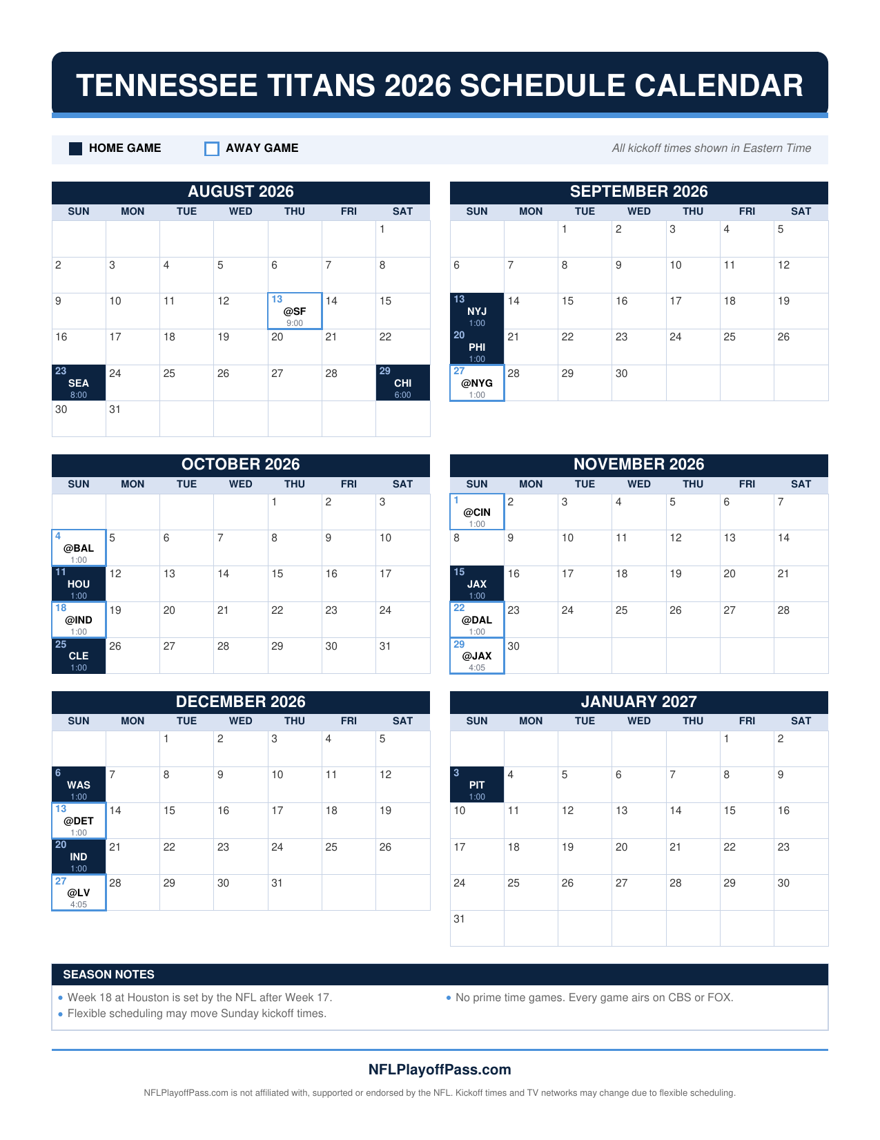 Tennessee Titans 2026 schedule calendar printable with home and away games marked