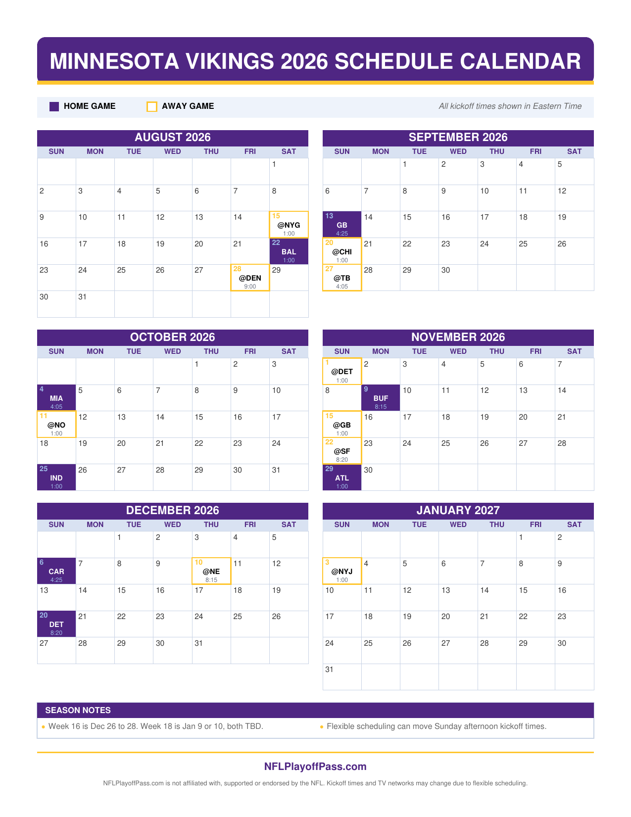 Six monthly grids of Vikings game days, purple squares for U.S. Bank Stadium dates and gold outlined road trips, Aug to Jan