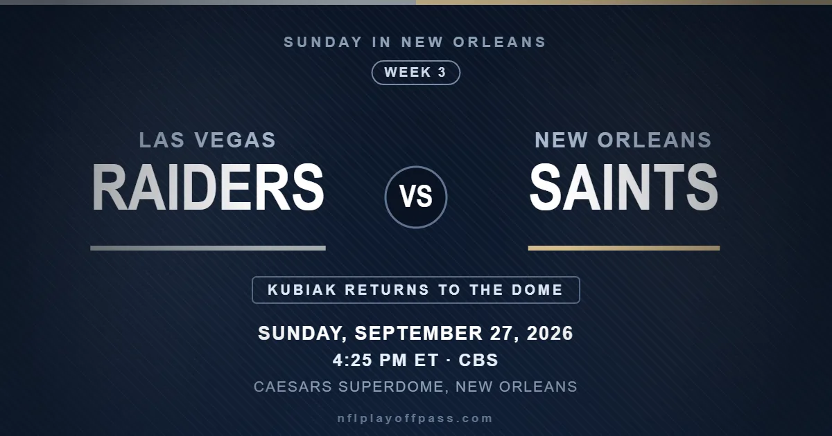 Raiders vs Saints Week 3 2026, kickoff 4:25 PM ET on Sunday September 27 at Caesars Superdome in New Orleans on CBS
