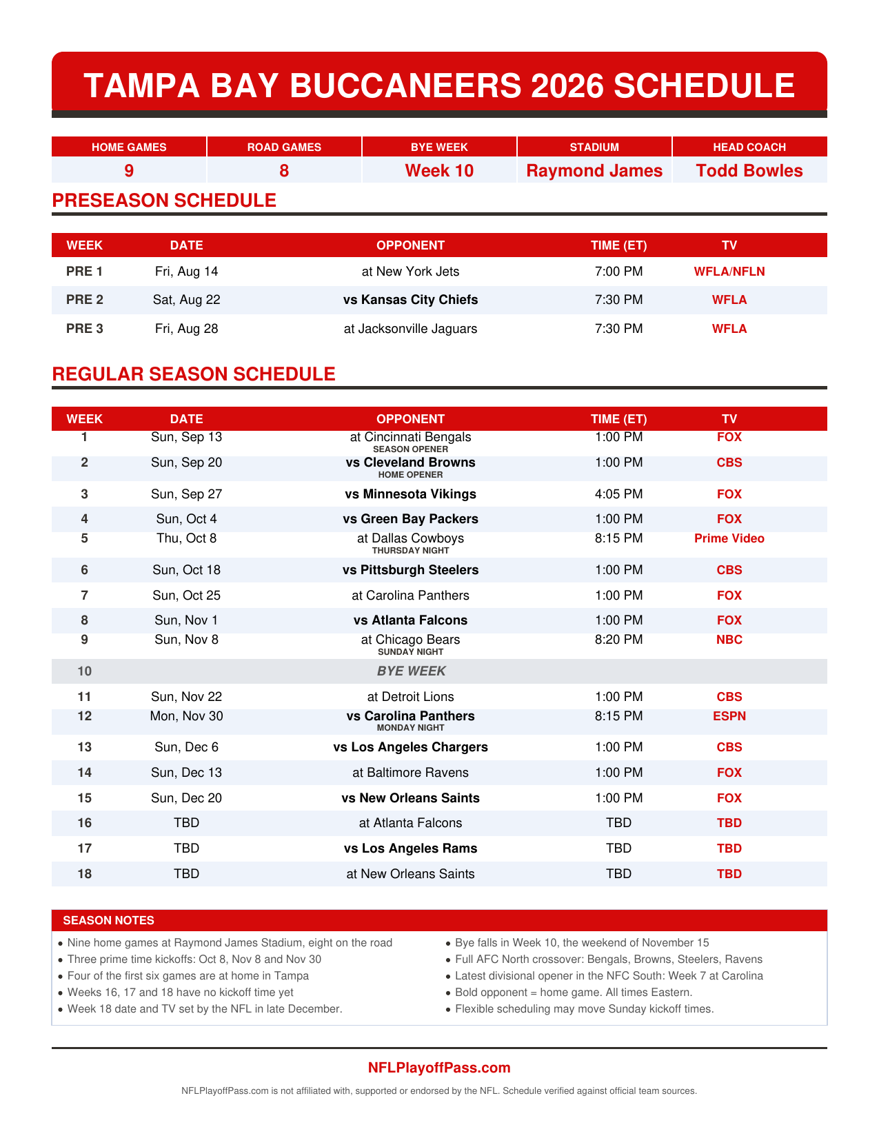 Buccaneers 2026 season sheet listing preseason and all 18 weeks with opponents, Eastern starts and broadcasters