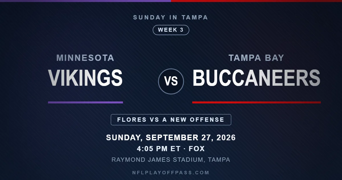 Vikings vs Buccaneers Week 3 2026, kickoff 4:05 PM ET on Sunday September 27 at Raymond James Stadium in Tampa on FOX
