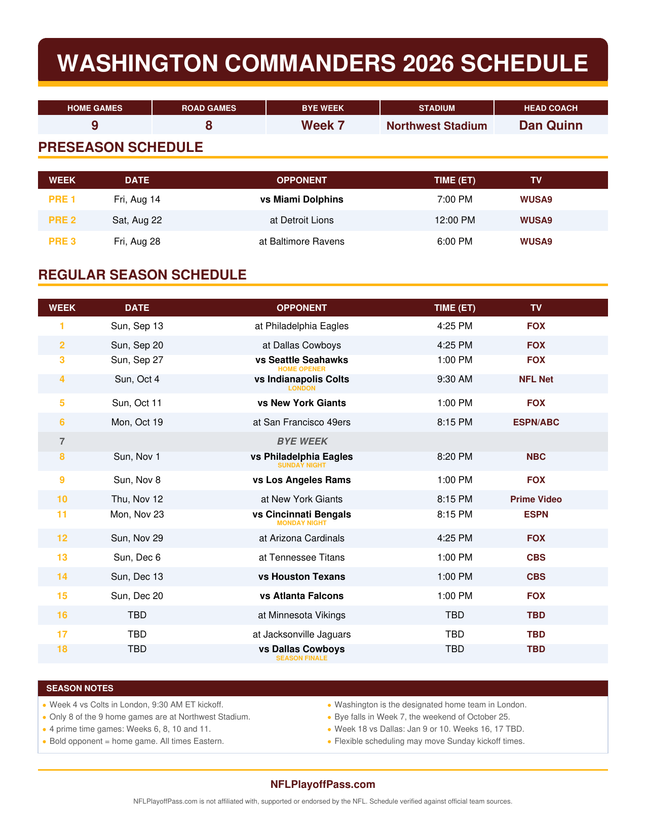 Commanders 2026 season sheet listing preseason and all 18 weeks with opponents, Eastern starts and broadcasters