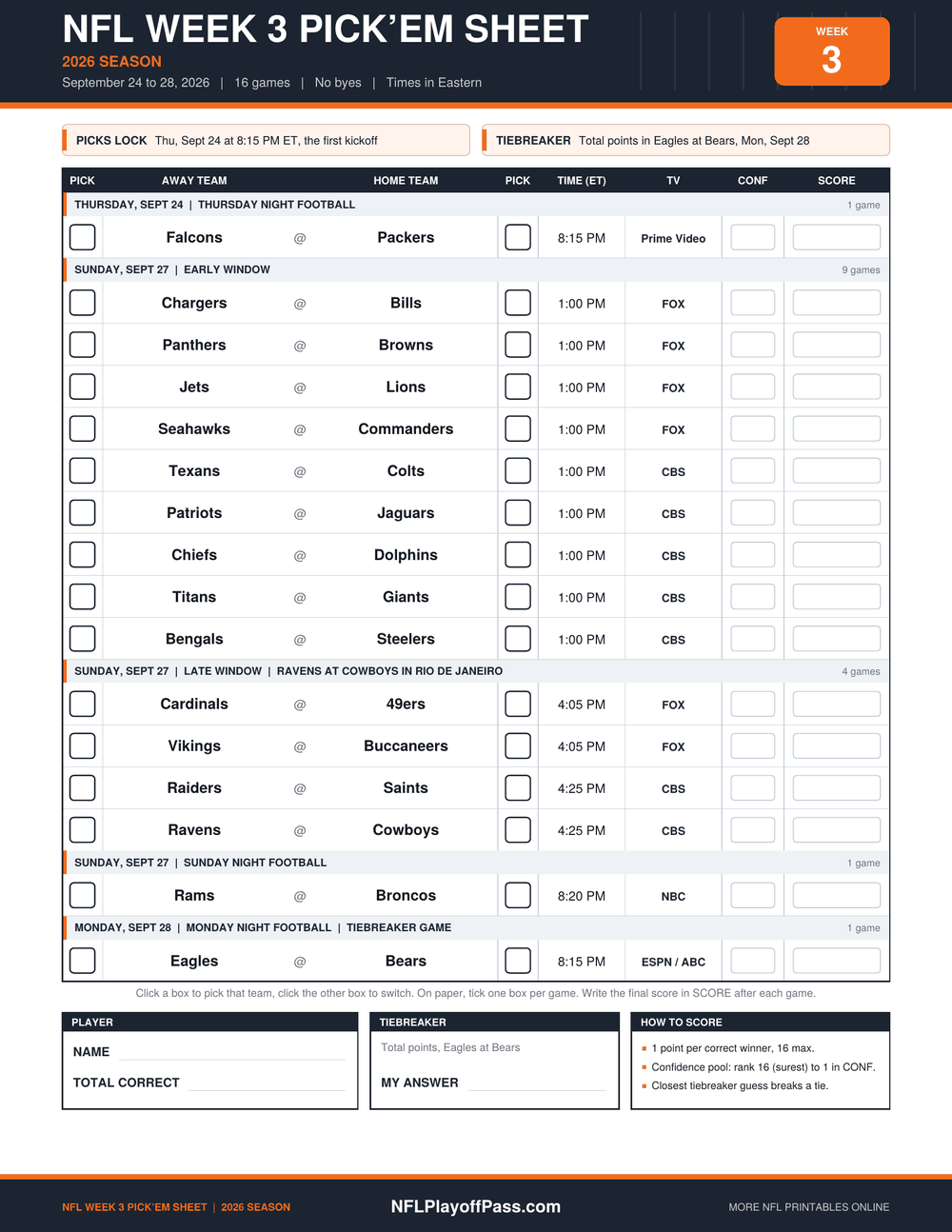 NFL Week 3 Pick’em Sheet 2026 printable with all 16 games, ET kickoff times, TV channels, pick boxes, confidence column and a tiebreaker