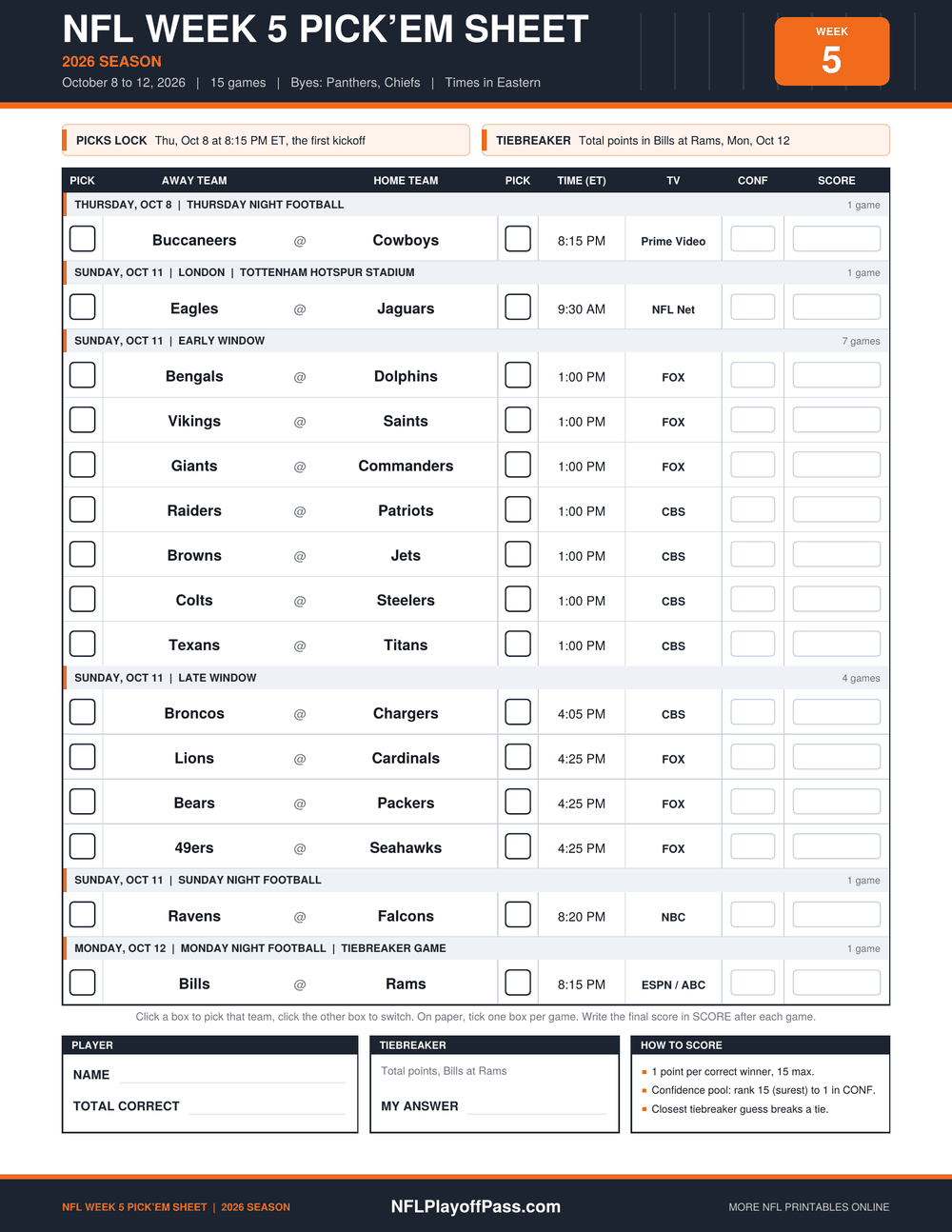 NFL Week 5 Pick’em Sheet 2026 printable with all 15 games, the London kickoff, bye teams, ET times, TV channels, pick boxes, confidence column and a tiebreaker